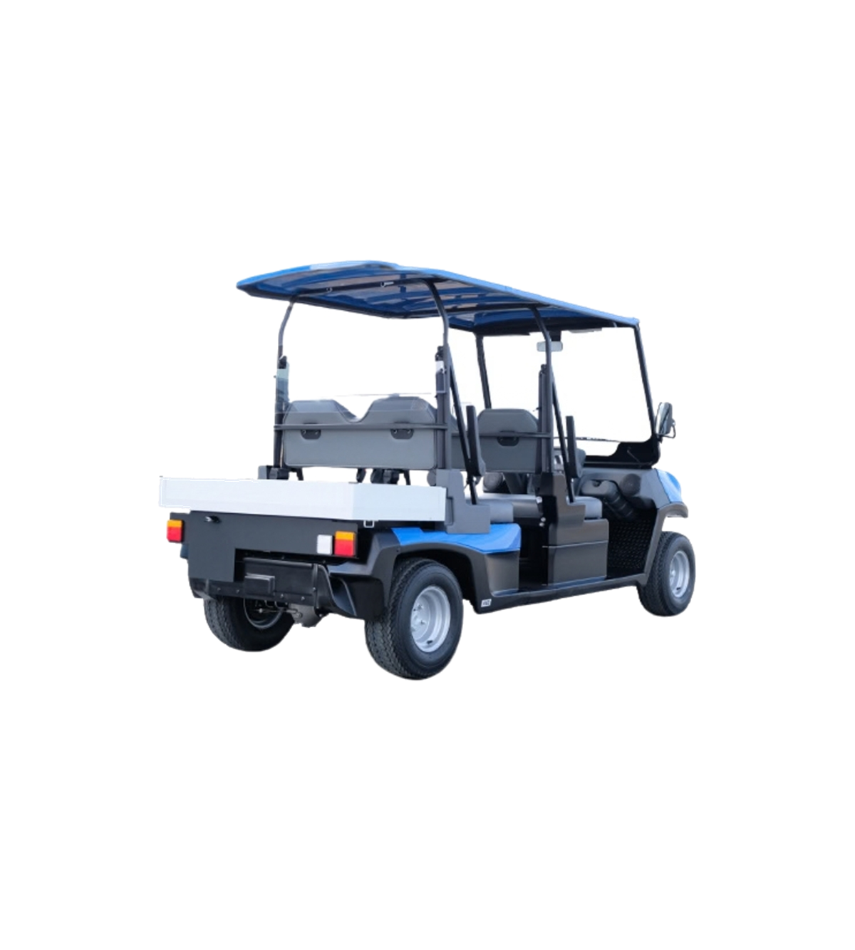 Melex N.20 Passenger 4 H blu, vista posteriore tre quarti con vano portaoggetti
